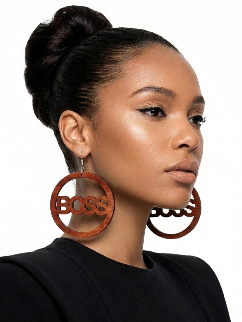 Wooden "BOSS" Circular Drop Earrings